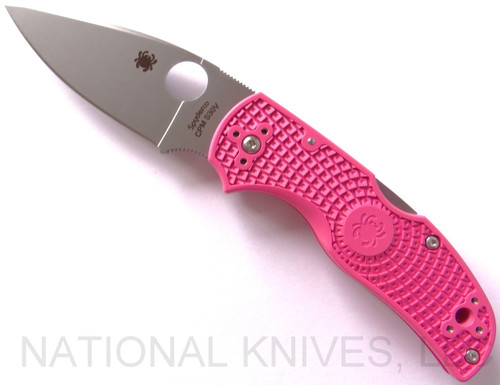 Spyderco Native 5 folding knife with thumb hole - shown open presentation side.  Satin S30V stainless steel plain edge blade.  Pink FRN handle.  Model C41PPN5.
