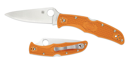Spyderco Endura 4 Sprint Run folding knife with thumb hole - shown open presentation side and closed pocket clip side.  Satin HAP40 and SUS410 steel plain edge blade.  Orange FRN handle.  Model C10FPBORE.
For reference only.