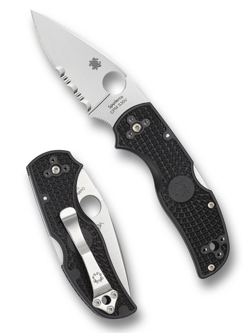 Spyderco Native 5 folding knife with thumb hole - shown open presentation side and closed pocket clip side.  Satin S30V stainless steel combo edge blade.  Black FRN handle.  Model C41PSBK5.
