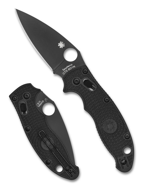 Spyderco Manix 2 Lightweight folding knife with thumb hole - shown both open presentation side and closed pocket clip side.  Black CTS-BD1N stainless steel plain edge blade.  Black FRCP handle.  Model C101PBBK2.