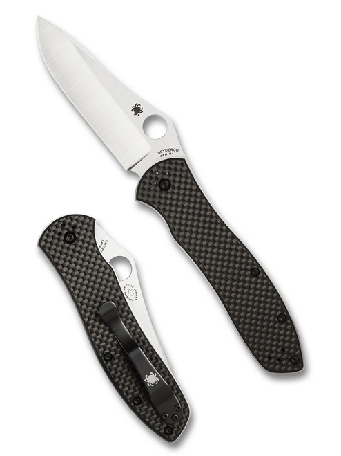 Spyderco Gayle Bradley 2 folding knife with thumb hole - shown open presentation side and closed pocket clip side.  Satin M4 steel plain edge blade.  Black carbon fiber and G-10 laminate handle.  Model C134CFP2.
