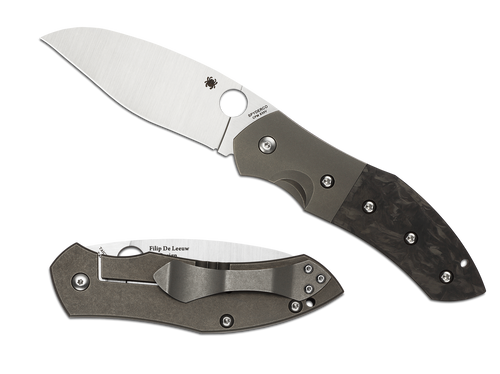 Spyderco Myrtle folding knife with thumb hole - shown open presentation side and closed pocket clip side.  Satin S30V stainless steel plain edge blade. Black carbon fiber handle with titanium bolster and titanium lock side.  Model C194CFTIP.
For reference only.