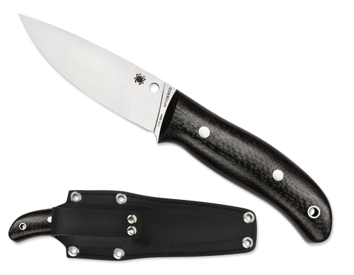 Spyderco Proficient fixed blade knife - shown out of sheath obverse and in sheath reverse.  Satin S90V stainless steel plain edge blade.  Black carbon fiber handle.  Model FB36CFP.
For reference only.