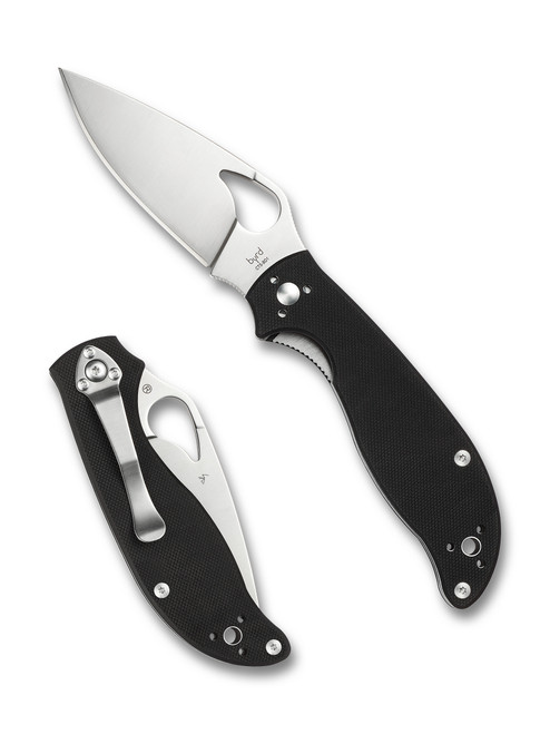 Byrd Knives Raven 2 folding knife with thumb slot - shown both open presentation side and closed pocket clip side.  Satin CTS-BD1 stainless steel plain edge blade.  Black G-10 handle.  Model BY08GP2.
For reference only.