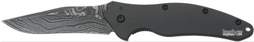 Kershaw Shallot assisted opening folding knife with flipper tab.  Shown open presentation side.  Damascus steel plain edge blade.  Black stainless steel handle.  Model 1840DAMCKT.
For reference only.
