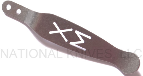 Rick Hinderer Knives XM Pocket Clip - obverse.  Stonewashed titanium construction.  Model K0020001CO-SW.
For reference only.