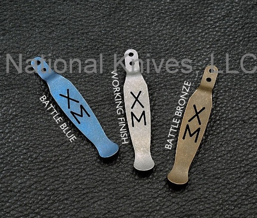 Rick Hinderer Knives replacement "XM" pocket clip - shown in Working Finish, Battle Blue, and Battle Bronze finishes.  Titanium construction with Working Finish.
For reference only.