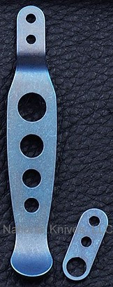 Rick Hinderer Knives Holey Pocket Clip and Filler Tab Set- obverse. Anodized Blue titanium construction.  Model K002010HO-BL.
For reference only