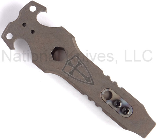 Rick Hinderer Knives HS TacTool Steel Flame pocket tool - shown obverse.  Battle Bronze titanium construction.  Model T9000000CC.
For reference only.
