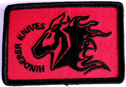 Rick Hinderer Knives Horse Head Logo Morale Patch - obverse.  Red and black with hook and loop backing.  Model A00100BR00.
For reference only.