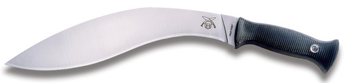 Cold Steel Gurkha Kukri fixed blade knife - shown removed from sheath.  VG-1 San Mai stainless steel plain edge blade.  Black Kray-Ex handle.  Model ATCJ.
For reference only.