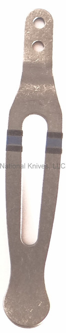 Rick Hinderer Knives Blue Line Pocket Clip - obverse.  Stonewash titanium construction.  Model K0020001BL.
For reference only.
