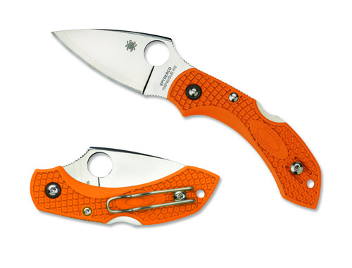 Spyderco Dragonfly 2 Sprint Run folding knife with thumb hole - shown open presentation side and closed pocket clip side.  Satin HAP40 and SUS410 laminated steel plain edge blade.  Orange FRN handle.  Model C28FPBORE2.
For reference only.