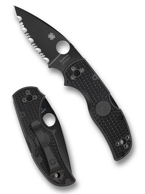 Spyderco Native 5 folding knife with thumb hole - shown open presentation side and closed pocket clip side.  Black S30V stainless steel serrated edge blade.  Black FRN handle.  Model C41SBBK5.