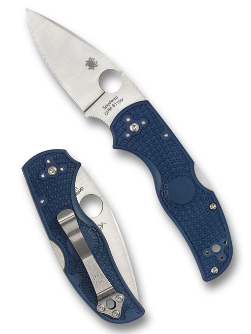 Spyderco Native 5 folding knife with thumb hole - shown open presentation side and closed pocket clip side.  Satin S110V stainless steel plain edge blade.  Dark Blue FRN handle.  Model C41PDBL5.