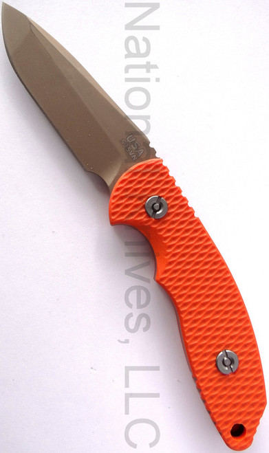 Rick Hinderer Knives FXM Spanto fixed blade knife - shown out of sheath reverse.  FDE DLC S35VN stainless steel plain edge blade.  Orange G-10 handle.  Model K60120NBSP.