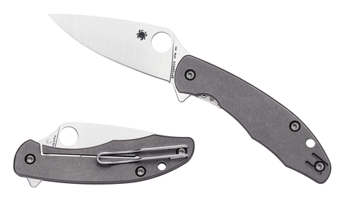 Spyderco Mantra folding knife with thumb hole and flipper tab - shown open presentation side and closed pocket clip side.  M4 steel plain edge blade.  Titanium handle.  Model C202TIP.
For reference only.
