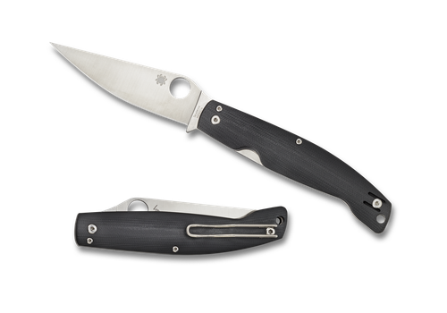 Spyderco Pattada folding knife with thumb hole - shown open presentation side and closed pocket clip side.  Satin N690Co stainless steel plain edge blade.  Black G-10 handle.  Model C204GP.
For reference only.