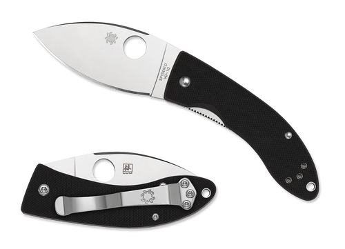 Spyderco Lil' Lum folding knife with thumb hole - shown open presentation side and closed pocket clip side.  Satin VG-10 stainless steel plain edge blade.  Black G-10 handle.  Model C205GP.
For reference only.