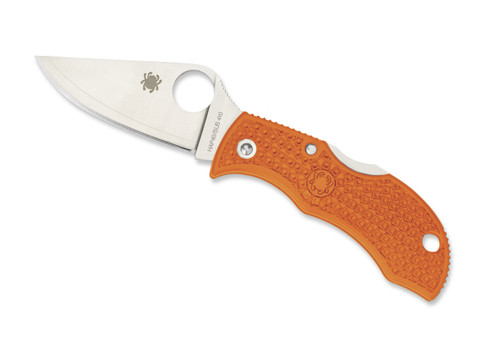 Spyderco Sprint Run Manbug folding knife with thumb hole - shown open obverse.  Satin HAP40 and SUS410 laminated steel plain edge blade.  Orange FRN handle.  Model MBORPE.
For reference only.