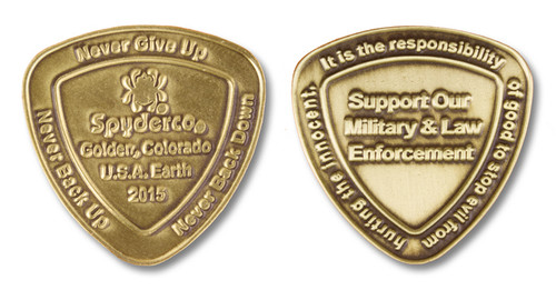 Spyderco 2015 Challenge Coin - both obverse and reverse shown.  Antique Bronze finish.  Model COIN2015.
For reference only.