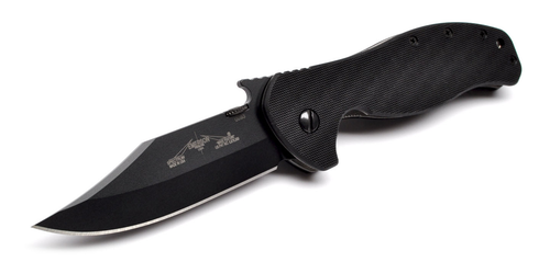 Emerson Knives Signature Series Spectrum BT folding knife with thumb disk and Emerson Wave opener - shown open presentation side.  Black 154CM stainless steel plain edge blade.  Black G-10 handle.  Model SPECTRUM-BT.
For reference only.