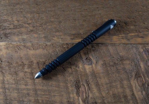 Rick Hinderer Knives Investigator ink pen - shown with cap on.  Matte black aluminum construction.  Model P58010A4BKA