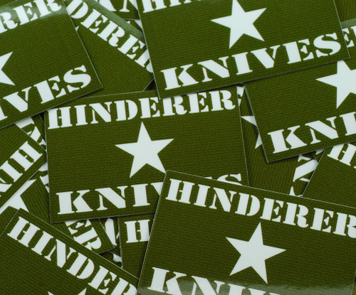 Rick Hinderer Knives Rectangle Sticker with star - Multiple sticker shown - obverse.  Green and white.  Model A002000000-RCT-GW.
For reference only.