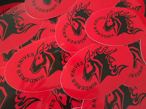Rick Hinderer Knives Oval Sticker with Horse Head logo - Multiple sticker shown - obverse.  Black and Red.  Model A002000000-OV-BR.
For reference only.