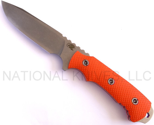 Rick Hinderer Knives FieldTac 5.5 fixed blade knife - shown out of sheath reverse.  Stonewash S35VN stainless steel plain edge blade.  Orange G-10 handle.  Model K60250SP00.