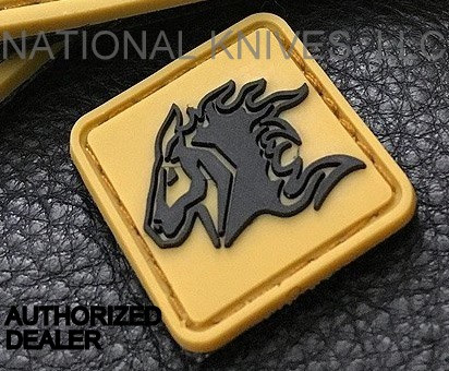 Rick Hinderer Knives Ranger Eye Horse Head Logo Patch - obverse.  Black and Pond Scum.  Model A00100RE00-PS.
For reference only.