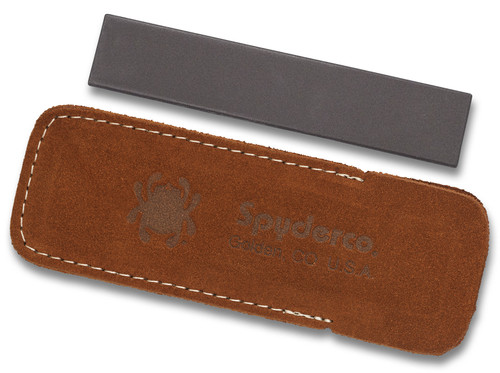 Spyderco pocket sharpening stone - shown next to pouch.  Medium grit brown ceramic side.  Model 303M.