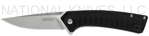 Kershaw Entropy assisted opening folding knife with flipper tab - shown open presentation side.  8Cr13MoV stainless steel plain edge blade.  Black GFN handle.  Model 1885.
For reference only.