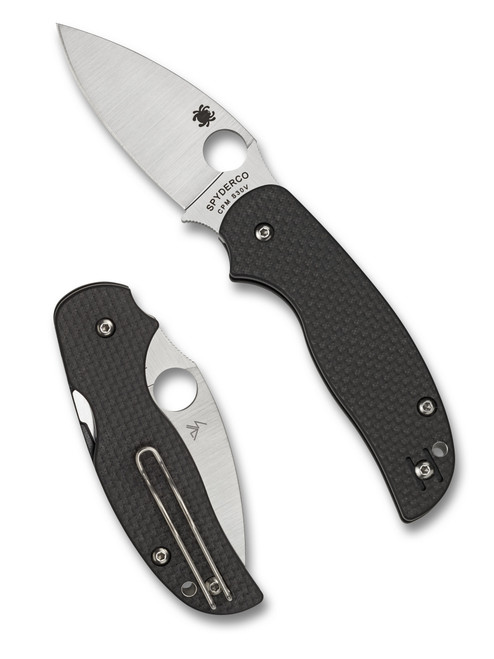 Spyderco Sage 5 Compression Lock folding knife with thumb hole - shown open presentation side and closed pocket clip side.  Satin S30V stainless steel plain edge blade.  Black carbon fiber and G-10 laminate handle.  Model C123CFPCL.
For reference only.