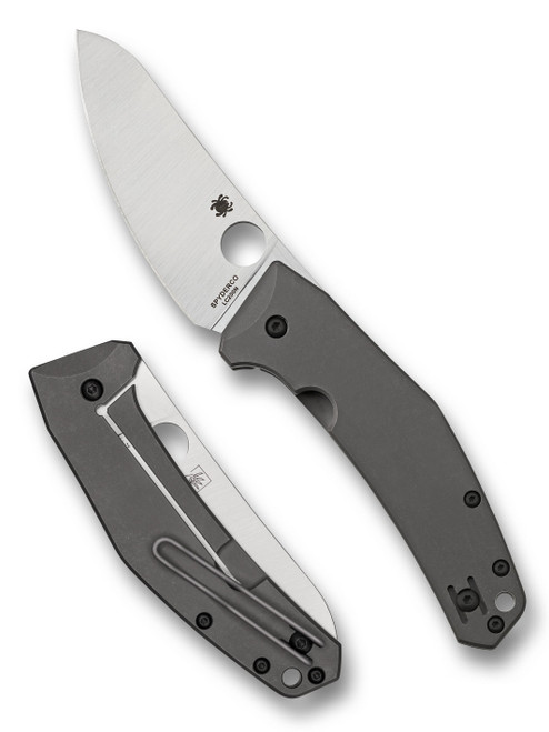 Spyderco SpydieChef folding knife with thumb hole - shown open presentation side and closed lock side.  Satin LC200N stainless steel plain edge blade.  Titanium handle.  Model C211TIP.