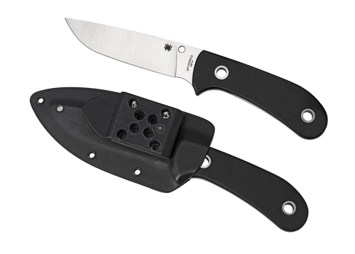 Spyderco Junction fixed blade knife - shown out of sheath reverse and in sheath reverse.  Satin PSF27 steel plain edge blade.  Black G-10 handle.  Model FB38GP.
For reference only.