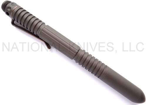 Rick Hinderer Knives Extreme Duty ink pen - shown with cap on.  Earth Drab aluminum construction.  Model P5802004SM.
For reference only.