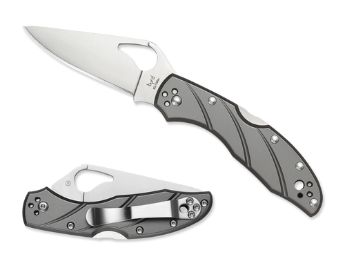 Byrd Knives Meadowlark 2 folding knife with thumb slot - shown both open presentation side and closed pocket clip side.  Satin 8Cr13MoV stainless steel plain edge blade.  Titanium handle.  Model BY04TIP2.
For reference only.