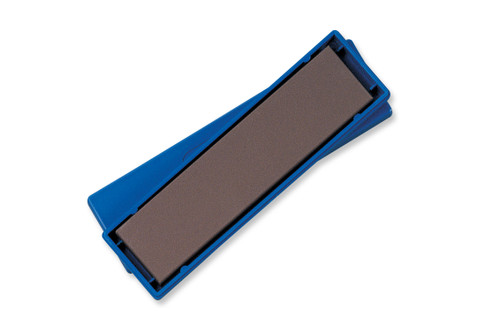 Spyderco Benchstone knife sharpener - shown open atop cover.  Medium grit brown ceramic stone.  Model 302M.