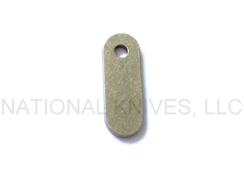 Rick Hinderer Knives 1-Hole Filler Tab - obverse.  Brass construction.  Model K0010005SF-P.