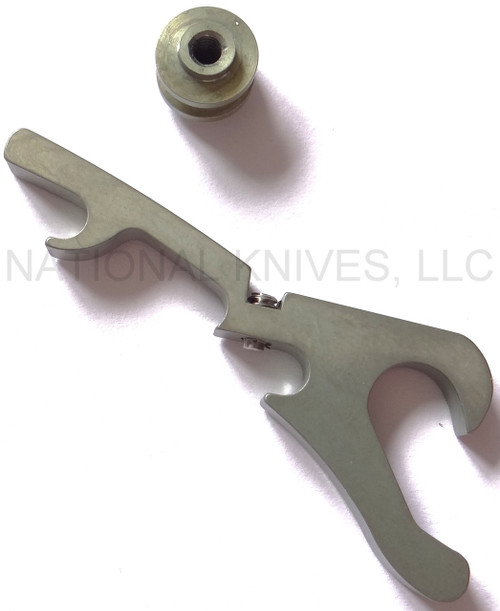 Rick Hinderer Knives Bottle Opener Hinderer Modular Backspacer System (HMBS) to fit XM-18 3.5" - shown not installed on knife.  Anodized light olive titanium construction.  Model K4502101BO.