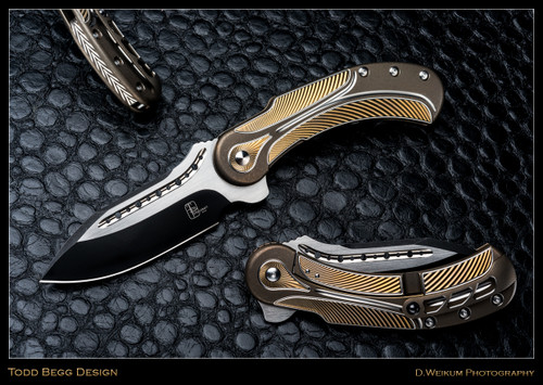Todd Begg Knives Steelcraft Series Field Marshall folding knife - shown open presentation side, closed pocket clip side, and close up of back spacer.  2-Tone S35VN stainless steel plain edge blade.  Bronze, gold, and silver titanium handle.  Model FM242.
For reference only.