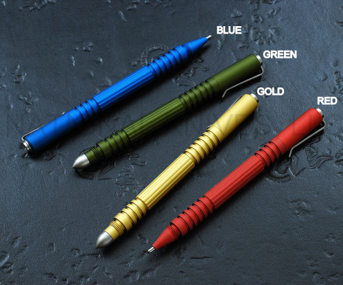 Rick Hinderer Knives Investigator ink pen - shown with cap on - along with three other colors.  Matte blue aluminum construction.  Model P58010A4BLA