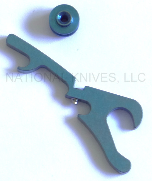 Rick Hinderer Knives Bottle Opener Hinderer Modular Backspacer System (HMBS) to fit XM-18 3.5" - shown not installed on knife.  Anodized blue titanium construction.  Model K4502101BO.