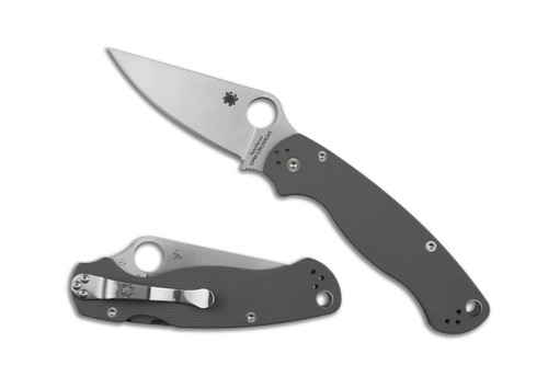 Spyderco Paramilitary 2 Sprint Run folding knife with thumb hole - shown open presentation side and closed pocket clip side.  Cru-Wear steel plain edge blade.  Gray G-10 handle.  Model C81GPGY.
For reference only.