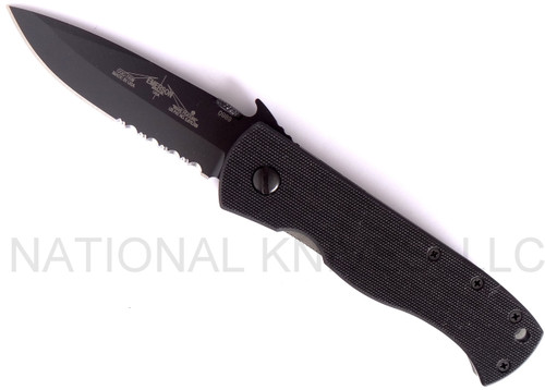 Emerson Knives CQC-7AW BTS folding knife with thumb disk and Emerson Wave opener - shown open presentation side.  Black 154CM stainless steel combo edge blade.  Black G-10 handle.  Model CQC-7AW-BTS.
For reference only.