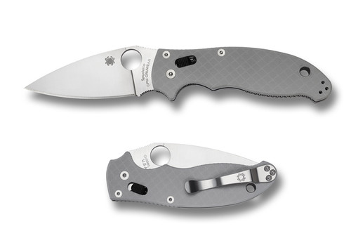 Spyderco Manix 2 Sprint Run folding knife with thumb hole - shown both open presentation side and closed pocket clip side.  Cru-Wear steel plain edge blade.  Gray G-10 handle.  Model C101GPGY2.
For reference only.
