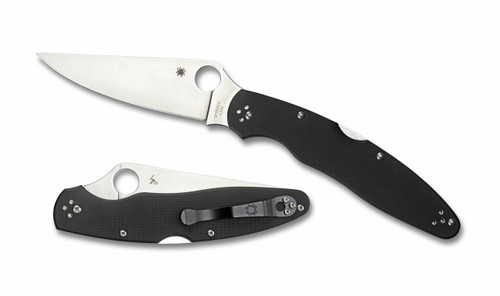 Spyderco Police 4 folding knife with thumb hole - shown both open presentation side and closed pocket clip side.  Satin K390 steel plain edge blade.  Black G-10 handle.  Model C07GP4.
For reference only.