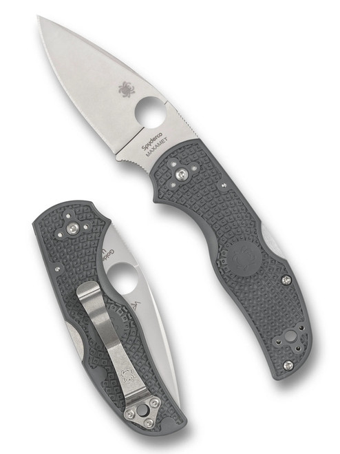 Spyderco Native 5 folding knife with thumb hole - shown open presentation side and closed pocket clip side.  Satin Maxamet steel plain edge blade.  Gray FRN handle.  Model C41PGY5.