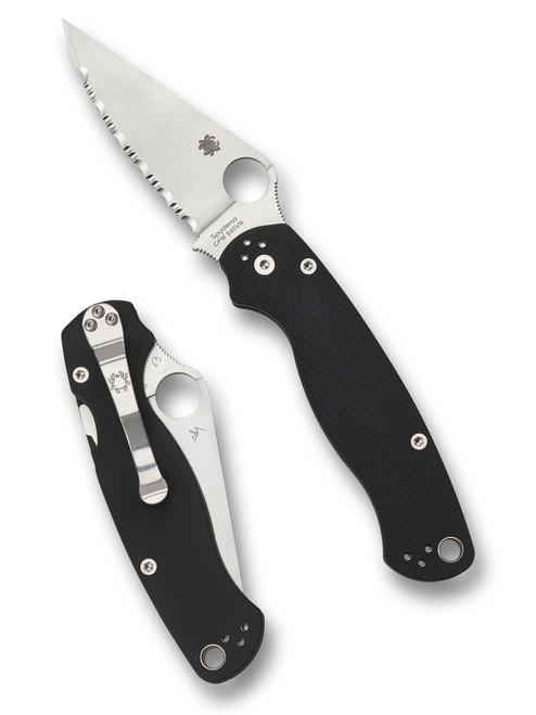 Spyderco Paramilitary 2 folding knife with thumb hole - shown open presentation side and closed pocket clip side.  Satin S45VN stainless steel serrated edge blade.  Black G-10 handle.  Model C81GS2.